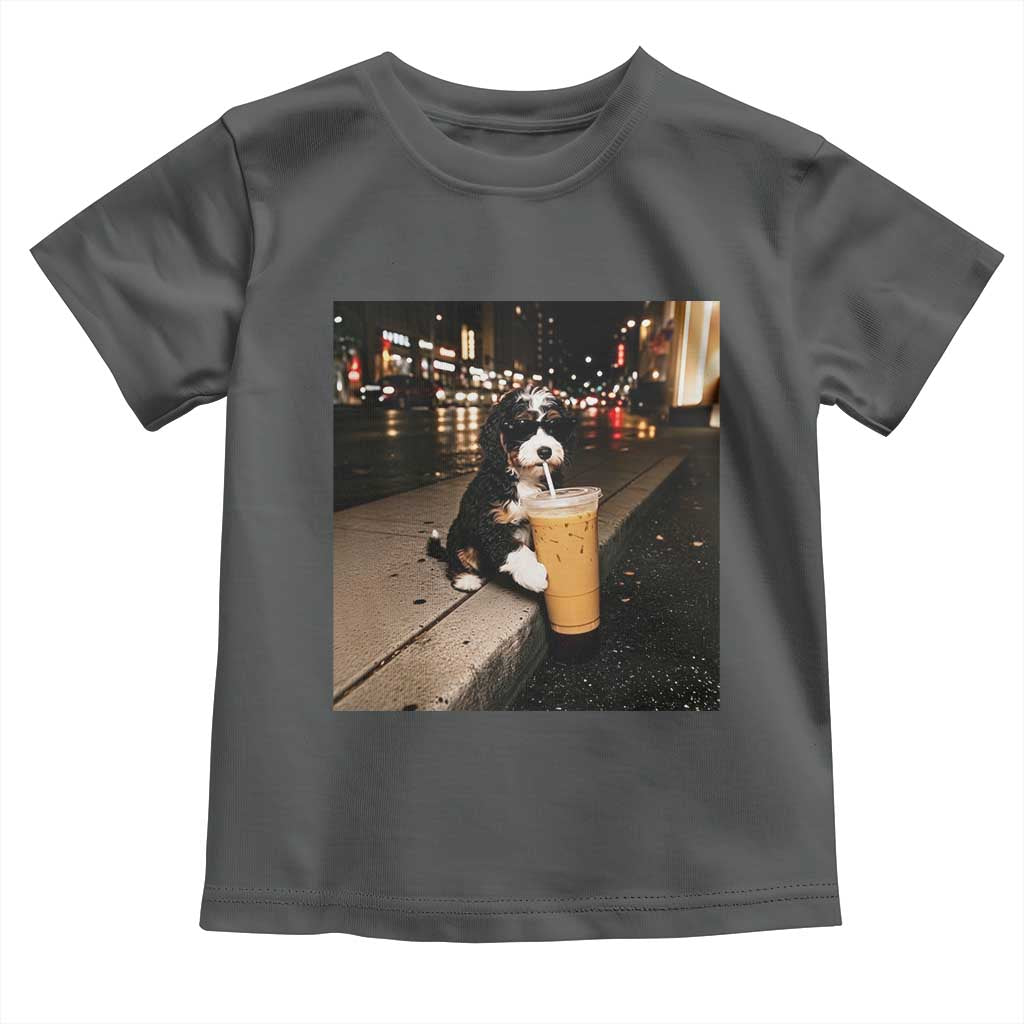 Bernedoodle Dog Drinking Iced Coffee Toddler T Shirt Funny Coffee Lover Gift for Dog Moms Dads