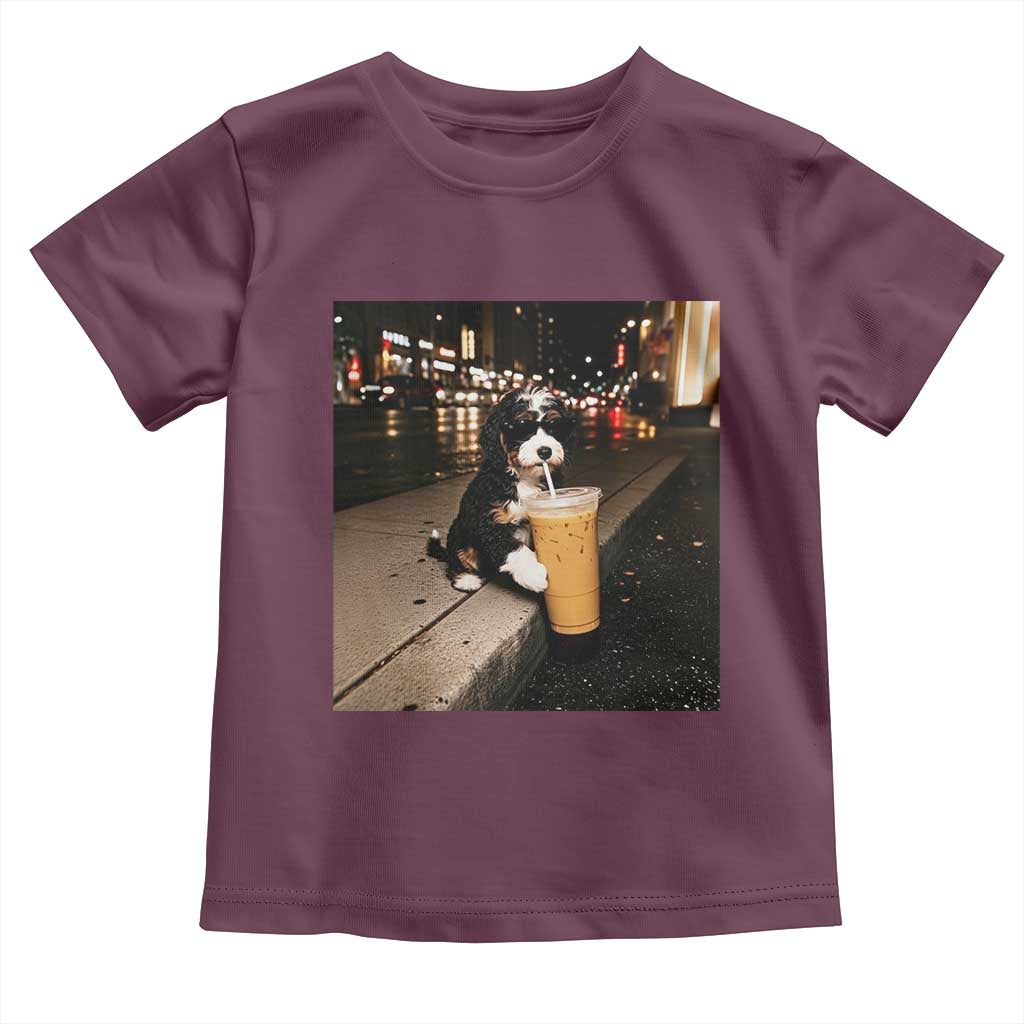 Bernedoodle Dog Drinking Iced Coffee Toddler T Shirt Funny Coffee Lover Gift for Dog Moms Dads