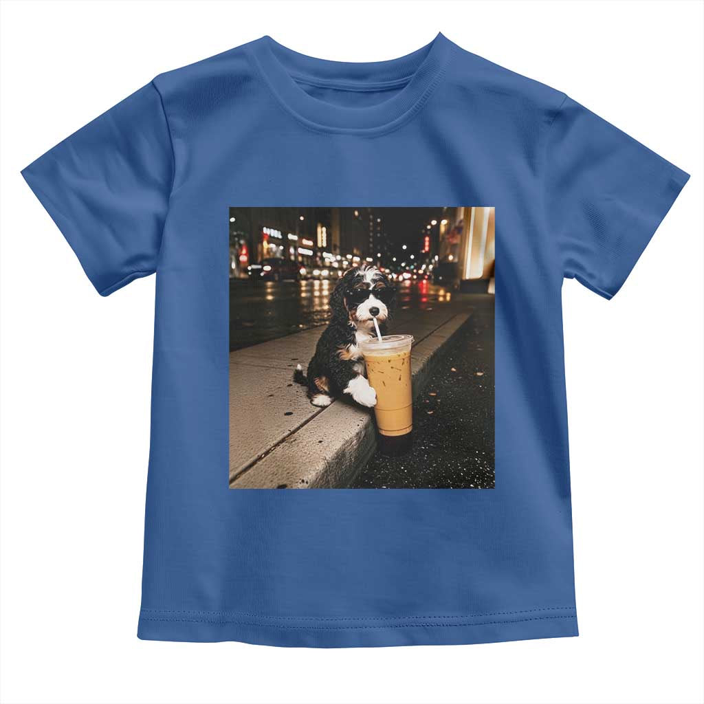 Bernedoodle Dog Drinking Iced Coffee Toddler T Shirt Funny Coffee Lover Gift for Dog Moms Dads