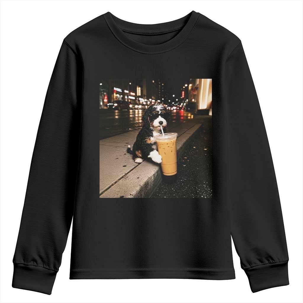Bernedoodle Dog Drinking Iced Coffee Youth Sweatshirt Funny Coffee Lover Gift for Dog Moms Dads