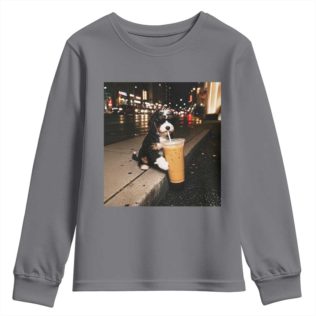Bernedoodle Dog Drinking Iced Coffee Youth Sweatshirt Funny Coffee Lover Gift for Dog Moms Dads