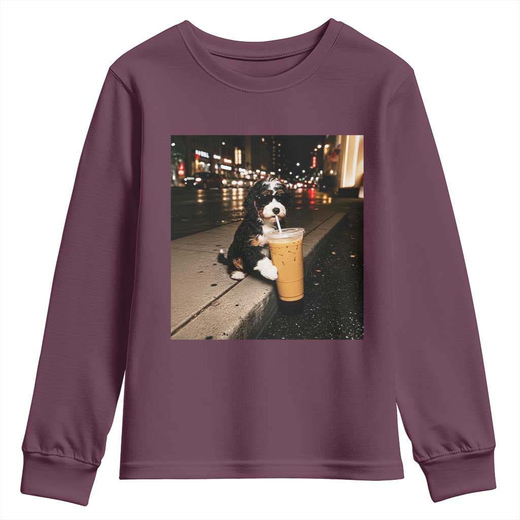 Bernedoodle Dog Drinking Iced Coffee Youth Sweatshirt Funny Coffee Lover Gift for Dog Moms Dads