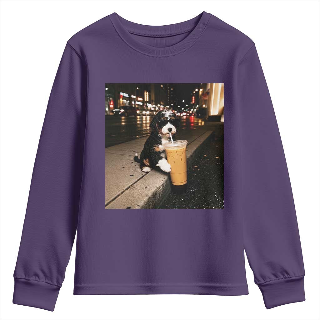 Bernedoodle Dog Drinking Iced Coffee Youth Sweatshirt Funny Coffee Lover Gift for Dog Moms Dads