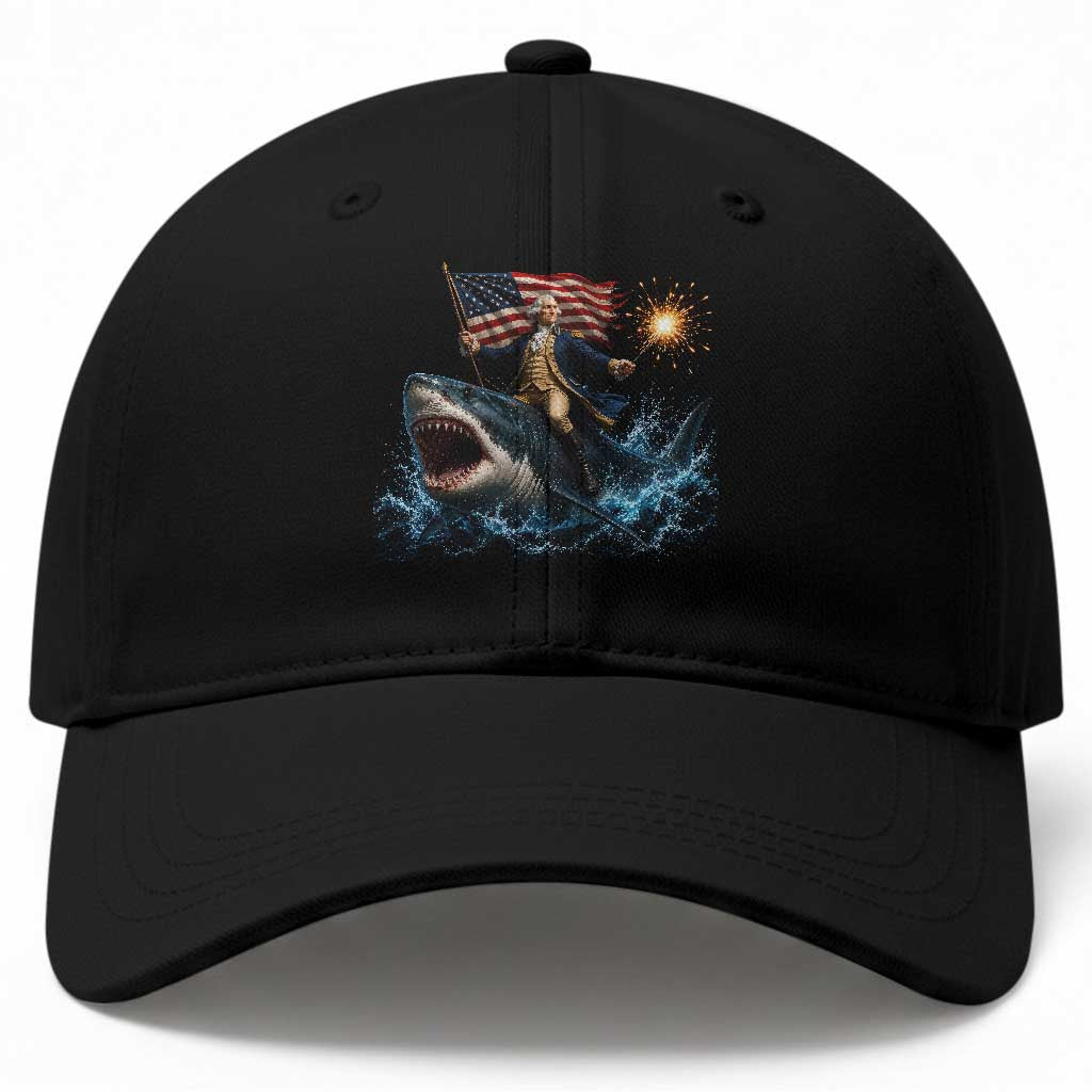 George Washington Riding Shark Baseball Cap Funny 4th Of July Independence Day 1776 Meme American Flag