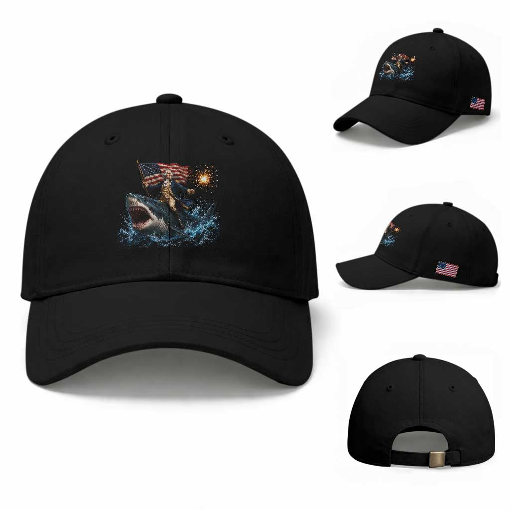 George Washington Riding Shark Baseball Cap Funny 4th Of July Independence Day 1776 Meme American Flag