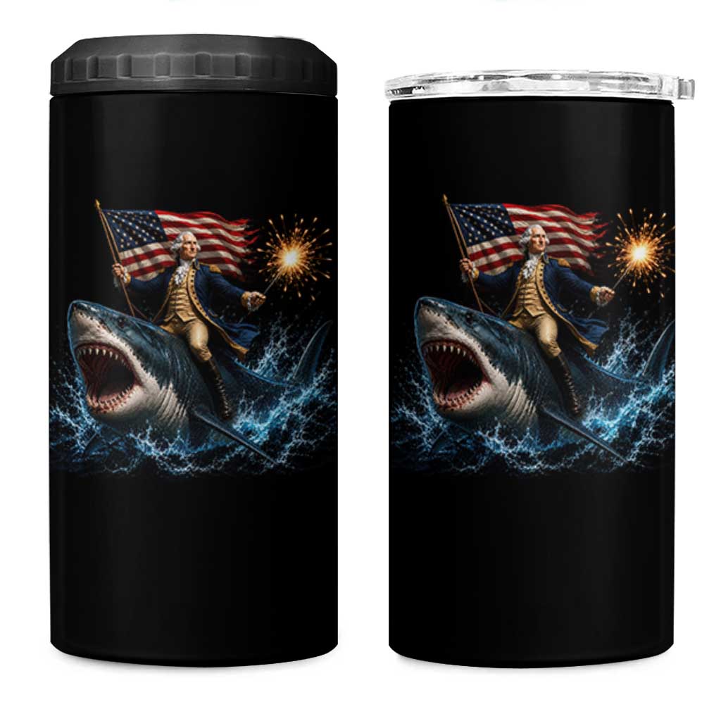 George Washington Riding Shark 4 in 1 Can Cooler Tumbler Funny 4th Of July Independence Day 1776 Meme American Flag