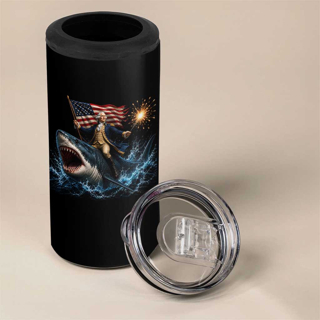 George Washington Riding Shark 4 in 1 Can Cooler Tumbler Funny 4th Of July Independence Day 1776 Meme American Flag