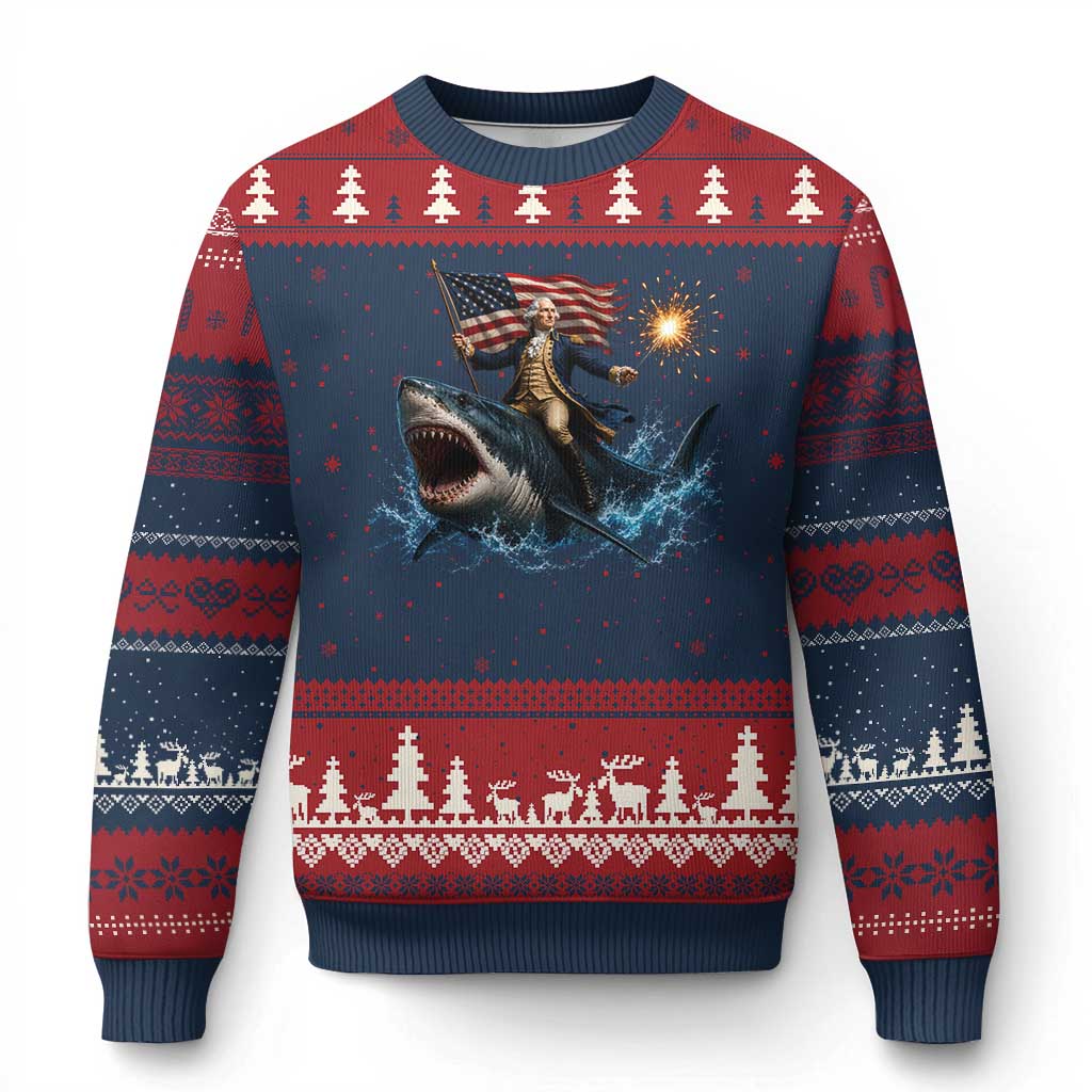 George Washington Riding Shark Ugly Christmas Sweater Funny 4th Of July Independence Day 1776 Meme American Flag