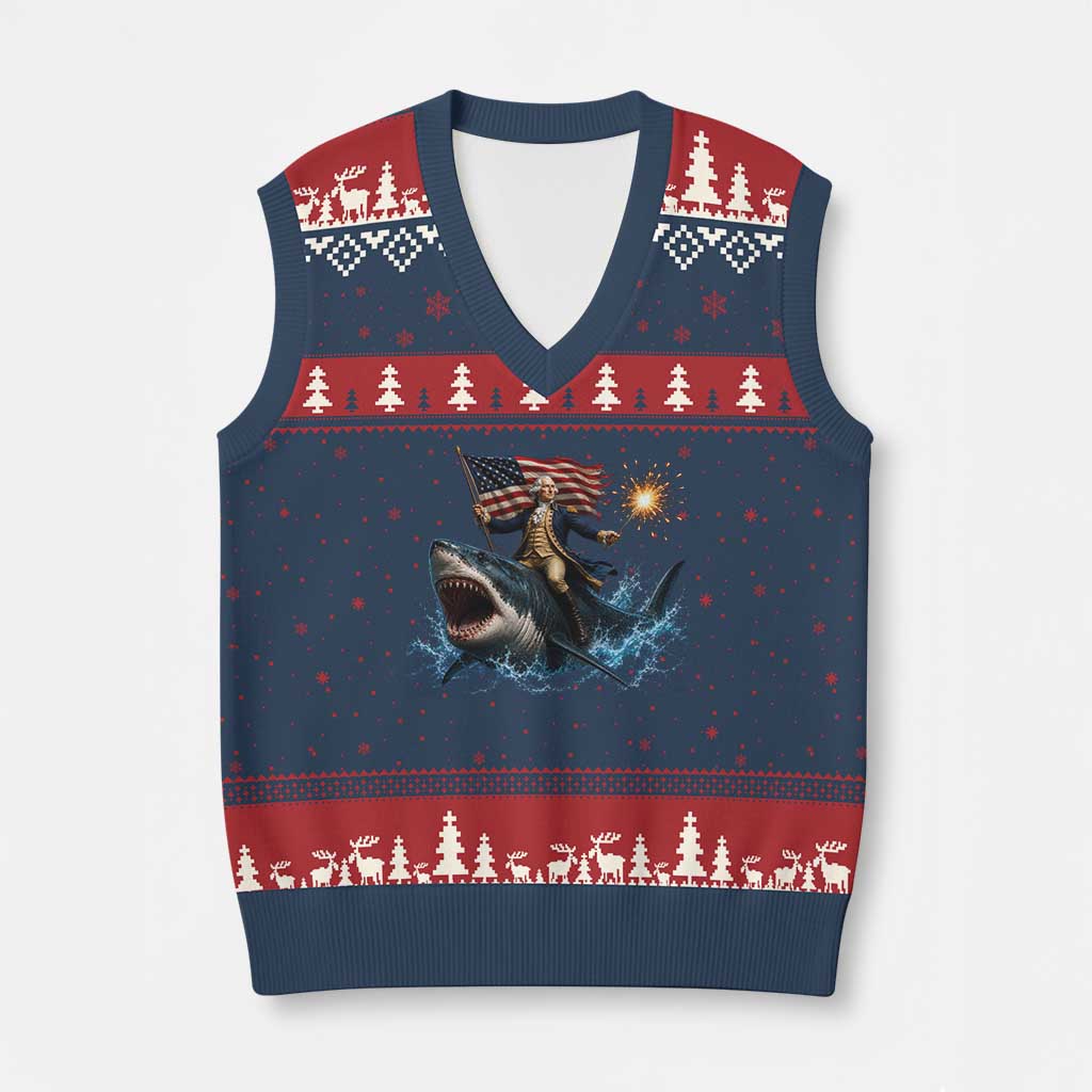 George Washington Riding Shark V-Neck Knit Sweater Vest Funny 4th Of July Independence Day 1776 Meme American Flag