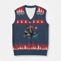 George Washington Riding Shark V-Neck Knit Sweater Vest Funny 4th Of July Independence Day 1776 Meme American Flag