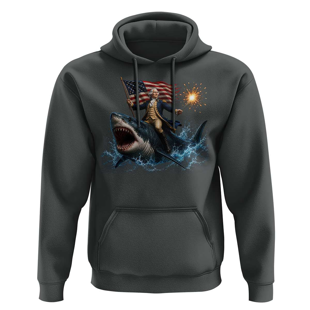 George Washington Riding Shark Hoodie Funny 4th Of July Independence Day 1776 Meme American Flag