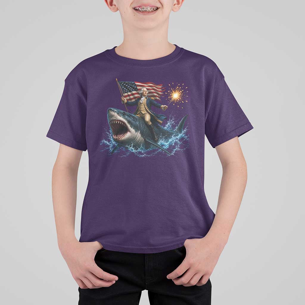 George Washington Riding Shark T Shirt For Kid Funny 4th Of July Independence Day 1776 Meme American Flag