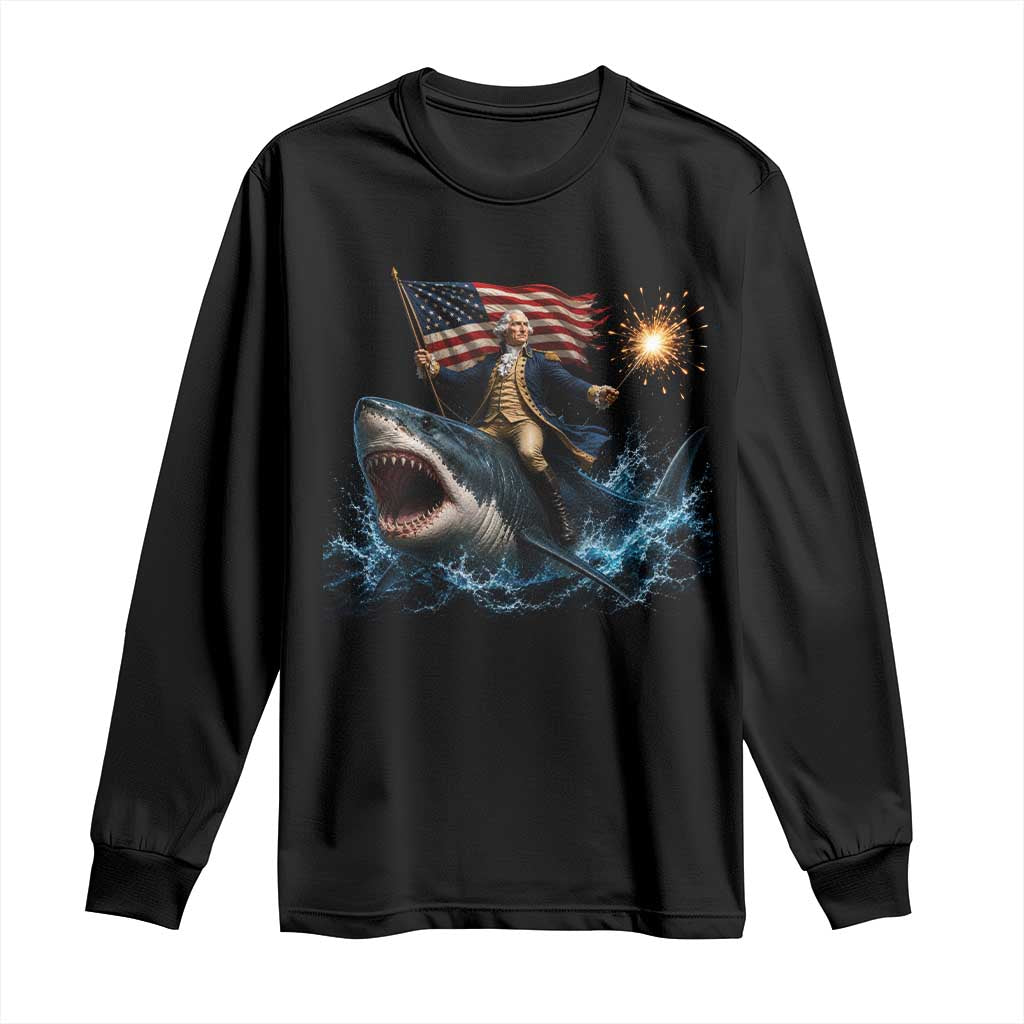 George Washington Riding Shark Long Sleeve Shirt Funny 4th Of July Independence Day 1776 Meme American Flag