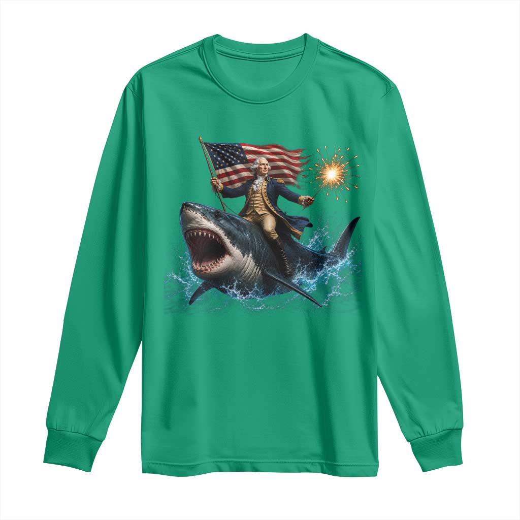 George Washington Riding Shark Long Sleeve Shirt Funny 4th Of July Independence Day 1776 Meme American Flag
