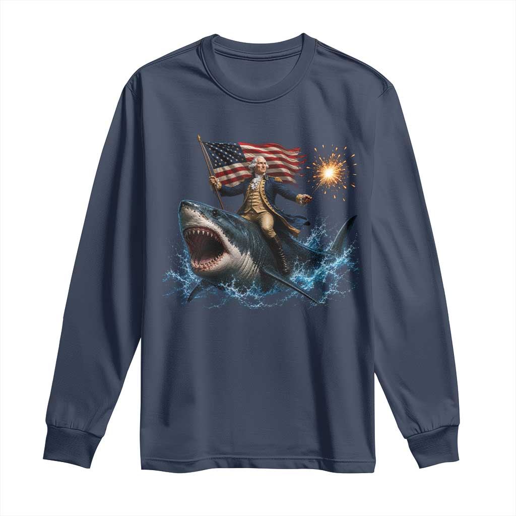 George Washington Riding Shark Long Sleeve Shirt Funny 4th Of July Independence Day 1776 Meme American Flag
