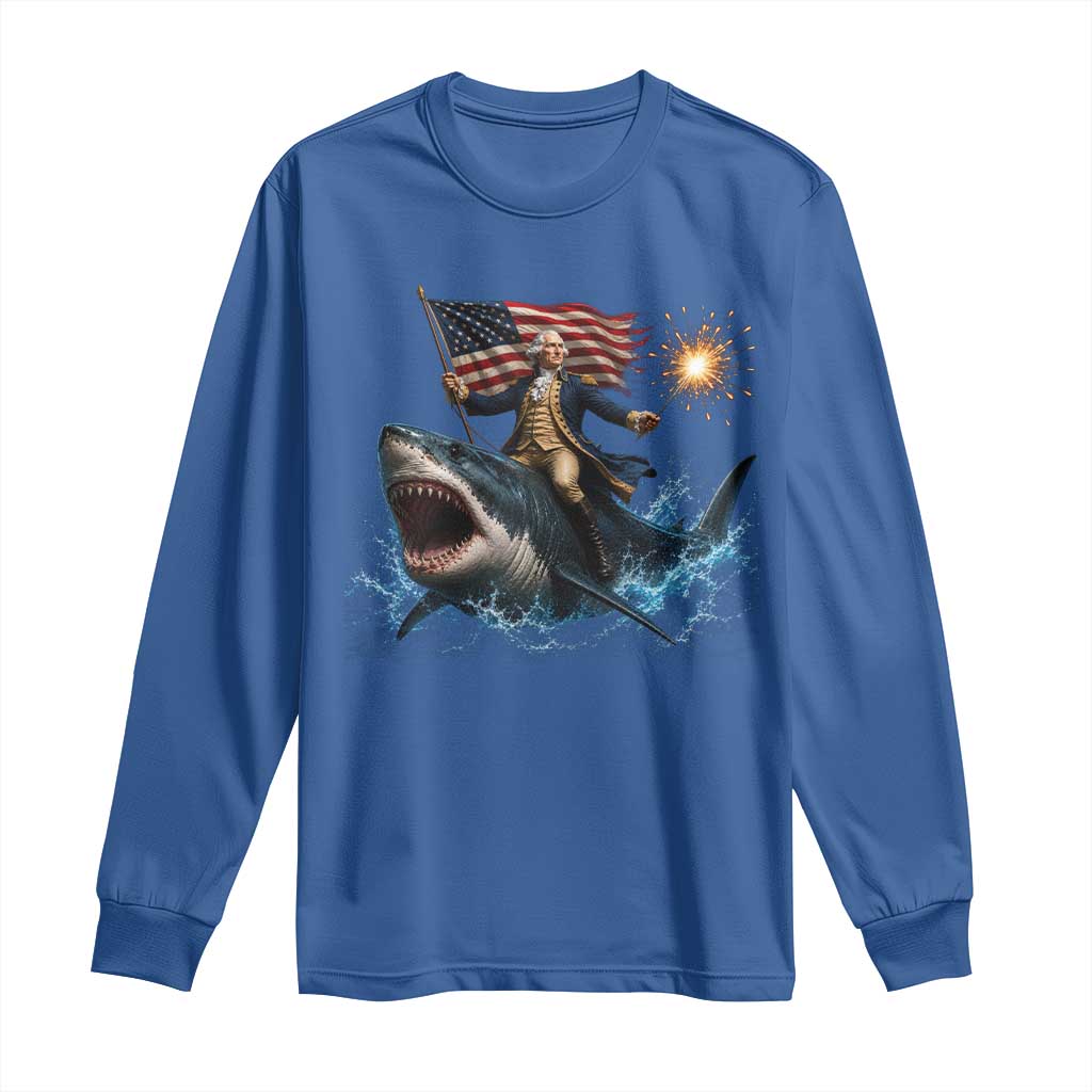 George Washington Riding Shark Long Sleeve Shirt Funny 4th Of July Independence Day 1776 Meme American Flag