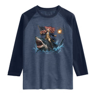 George Washington Riding Shark Raglan Shirt Funny 4th Of July Independence Day 1776 Meme American Flag