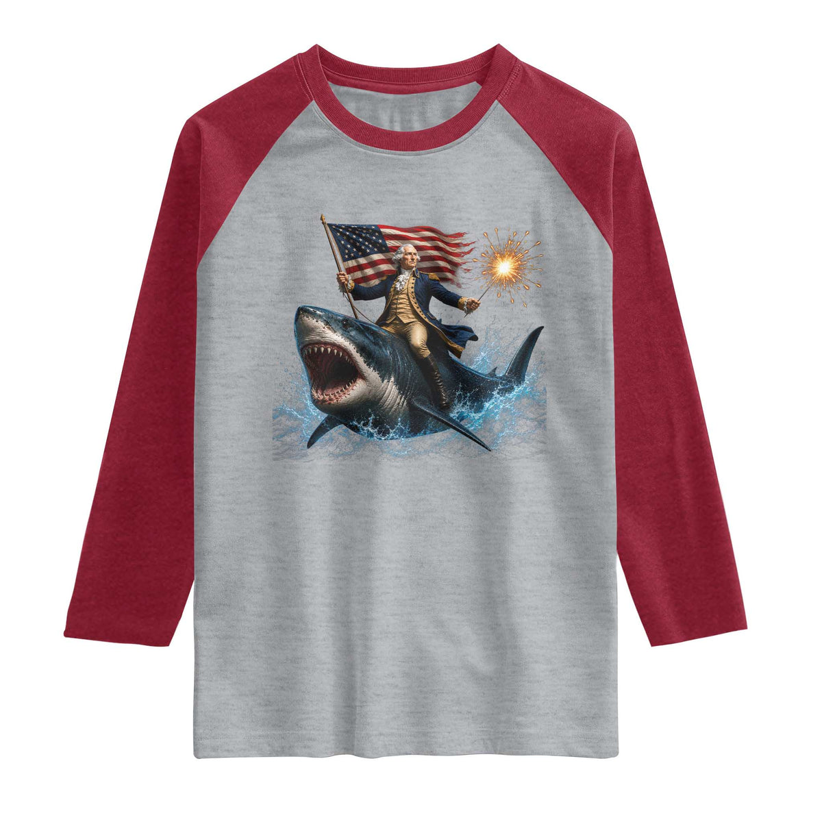 George Washington Riding Shark Raglan Shirt Funny 4th Of July Independence Day 1776 Meme American Flag