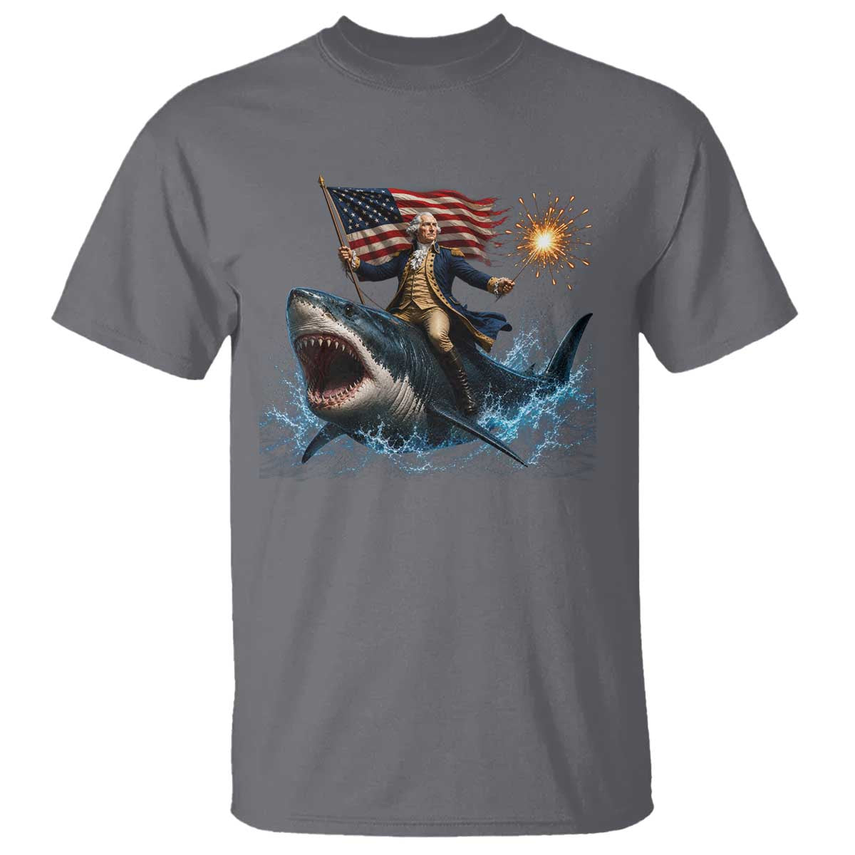 George Washington Riding Shark T Shirt Funny 4th Of July Independence Day 1776 Meme American Flag