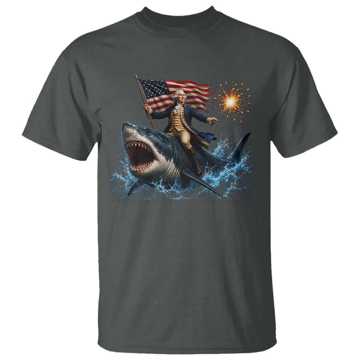 George Washington Riding Shark T Shirt Funny 4th Of July Independence Day 1776 Meme American Flag