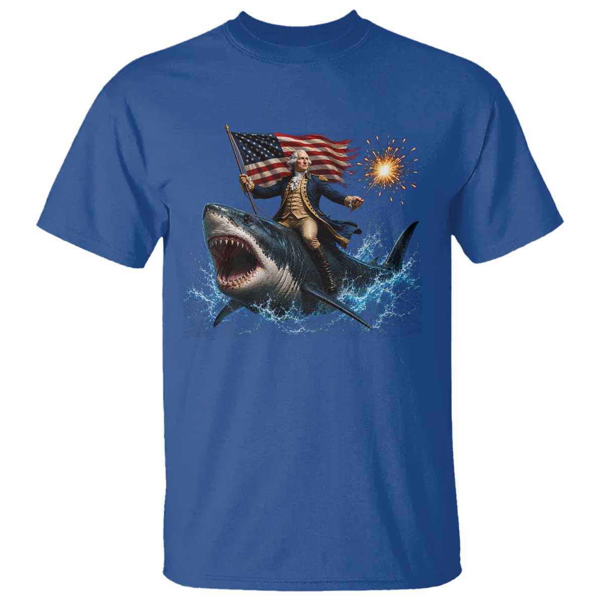 George Washington Riding Shark T Shirt Funny 4th Of July Independence Day 1776 Meme American Flag