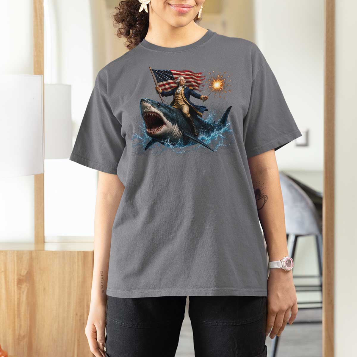 George Washington Riding Shark T Shirt For Women Funny 4th Of July Independence Day 1776 Meme American Flag
