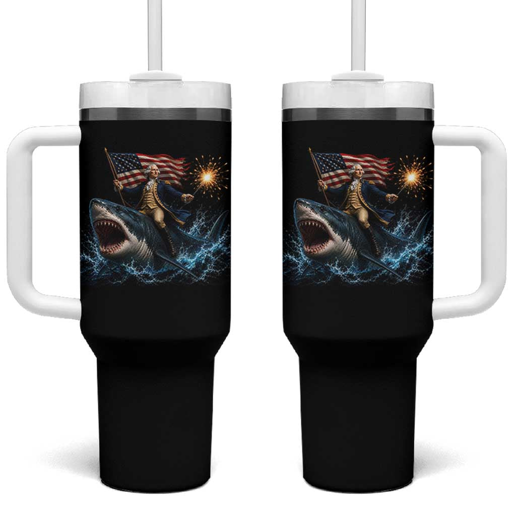George Washington Riding Shark Tumbler With Handle Funny 4th Of July Independence Day 1776 Meme American Flag