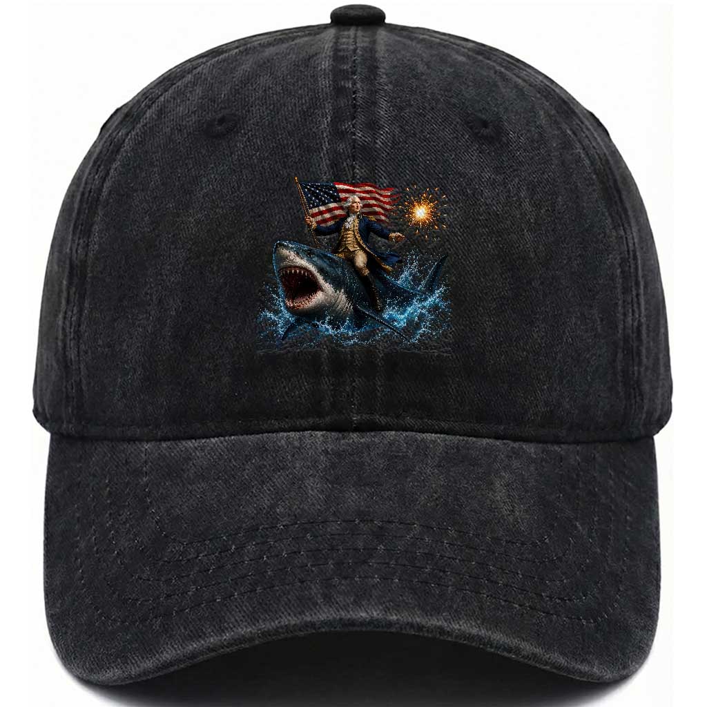 George Washington Riding Shark Washed Cotton Baseball Cap Funny 4th Of July Independence Day 1776 Meme American Flag