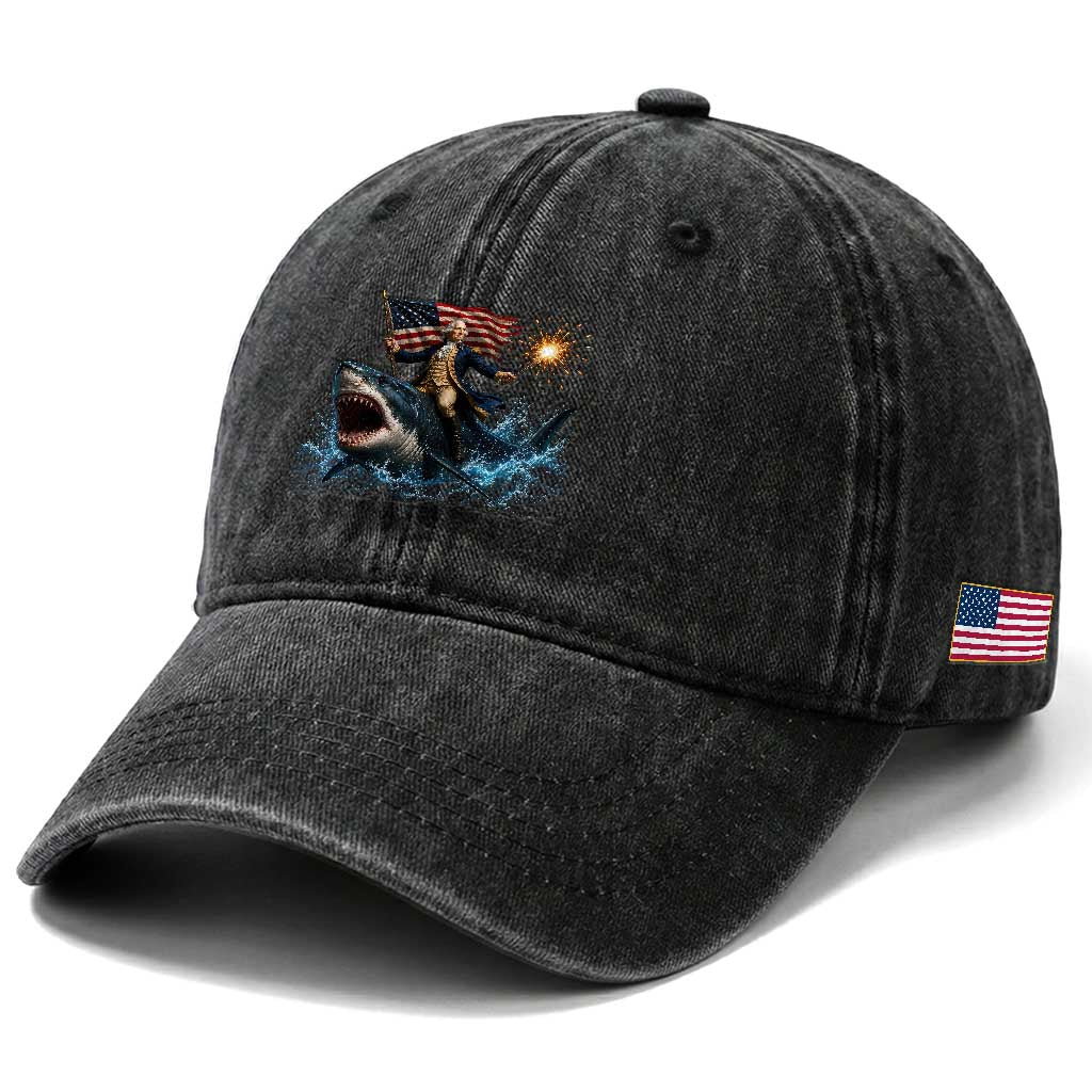 George Washington Riding Shark Washed Cotton Baseball Cap Funny 4th Of July Independence Day 1776 Meme American Flag