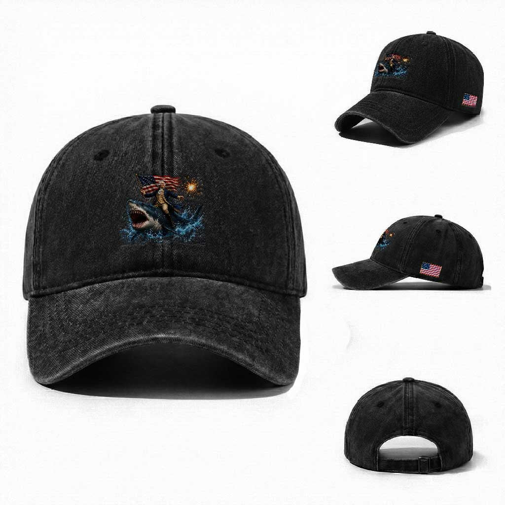 George Washington Riding Shark Washed Cotton Baseball Cap Funny 4th Of July Independence Day 1776 Meme American Flag