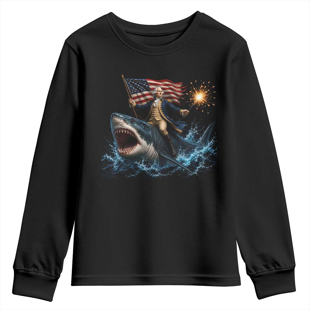 George Washington Riding Shark Youth Sweatshirt Funny 4th Of July Independence Day 1776 Meme American Flag
