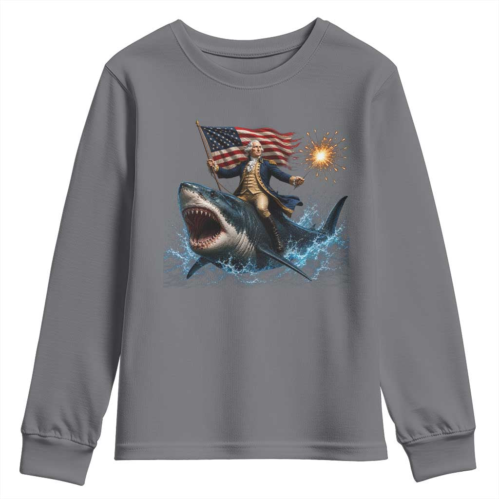 George Washington Riding Shark Youth Sweatshirt Funny 4th Of July Independence Day 1776 Meme American Flag