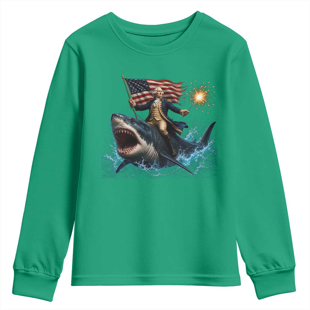 George Washington Riding Shark Youth Sweatshirt Funny 4th Of July Independence Day 1776 Meme American Flag