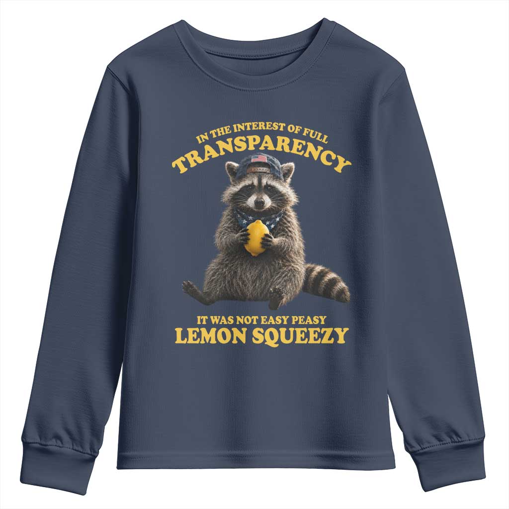 Funny Raccoon Meme Youth Sweatshirt In The Interest Of Full Transparency It Was Not Easy Peasy Lemon Squeezy