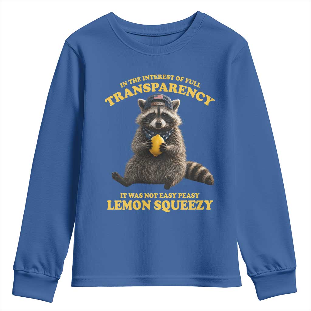 Funny Raccoon Meme Youth Sweatshirt In The Interest Of Full Transparency It Was Not Easy Peasy Lemon Squeezy