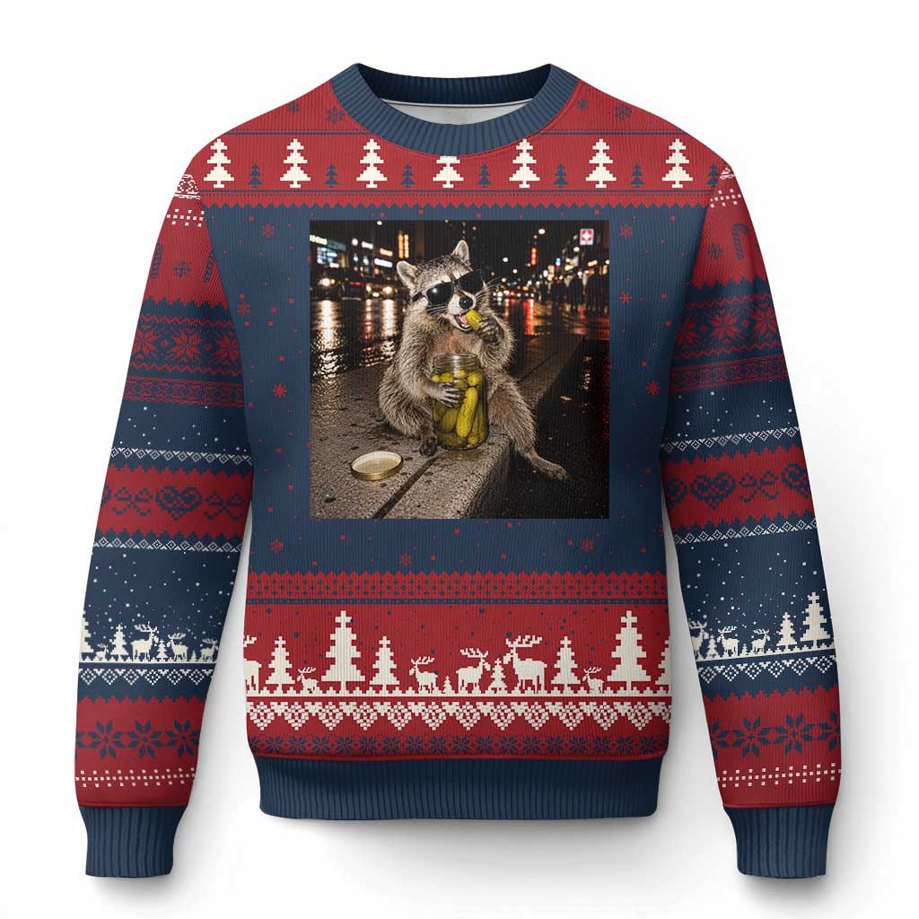 Funny Raccoon Eating Pickles Meme Ugly Christmas Sweater