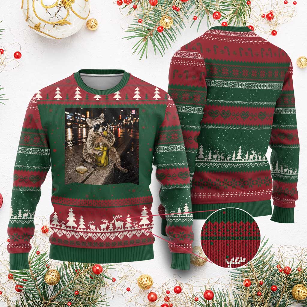 Funny Raccoon Eating Pickles Meme Ugly Christmas Sweater