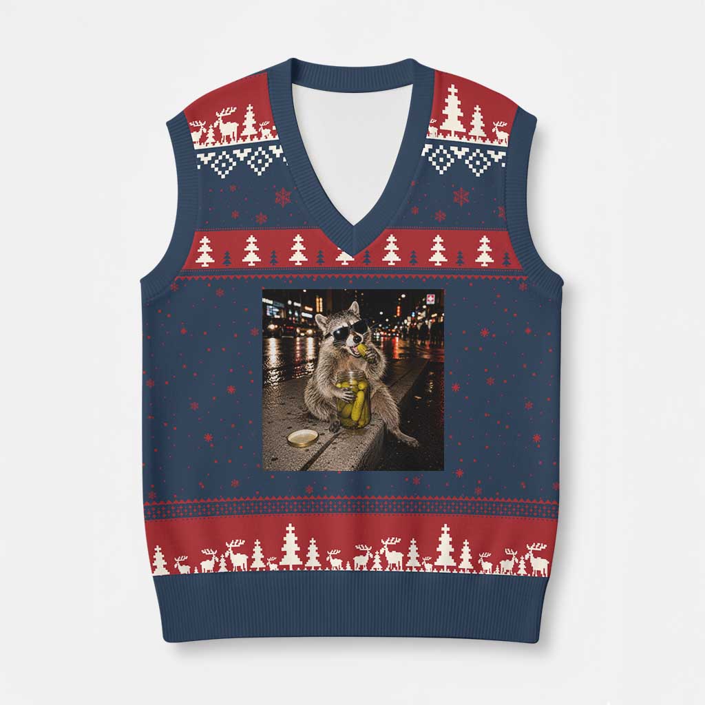 Funny Raccoon Eating Pickles Meme V-Neck Knit Sweater Vest