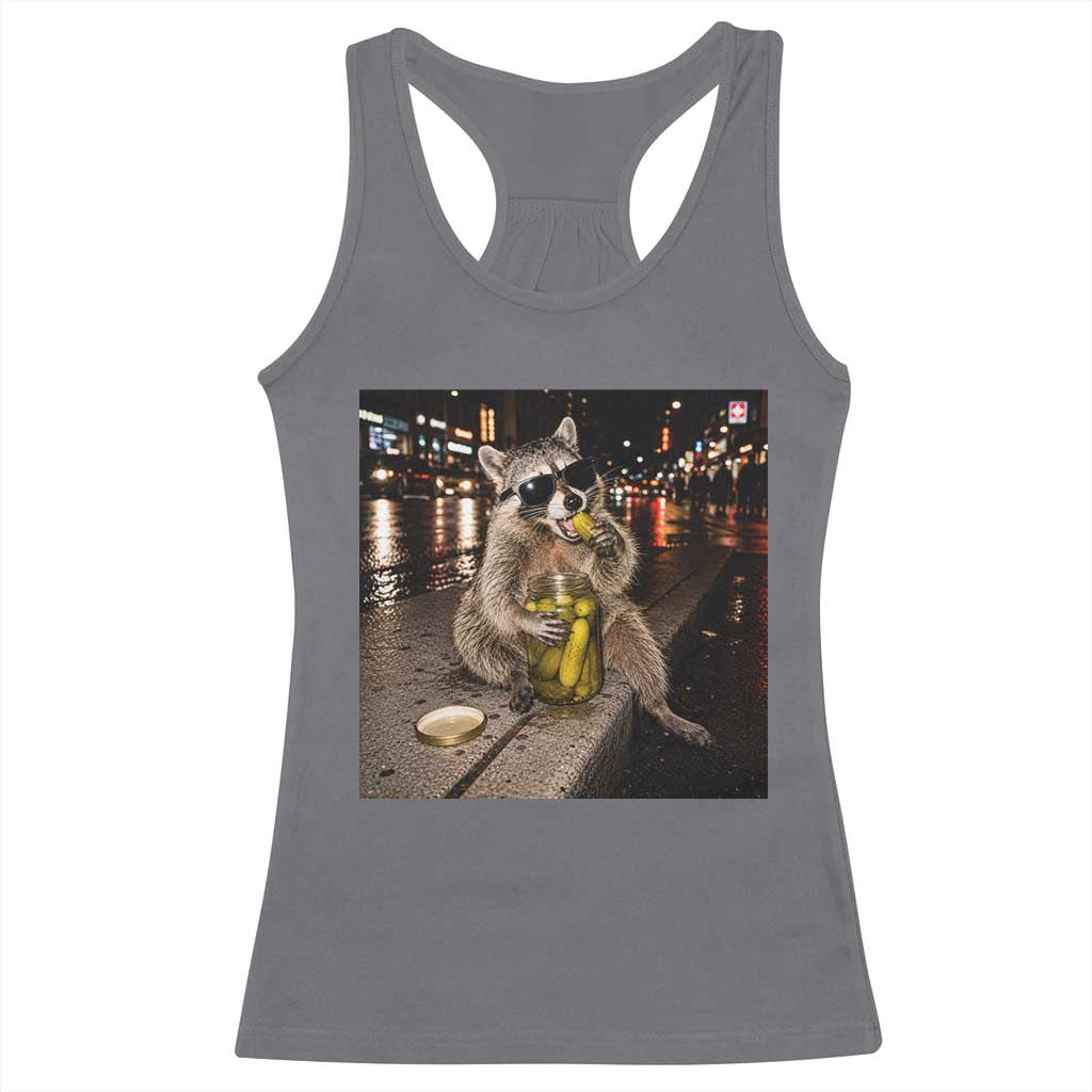 Funny Raccoon Eating Pickles Meme Racerback Tank Top