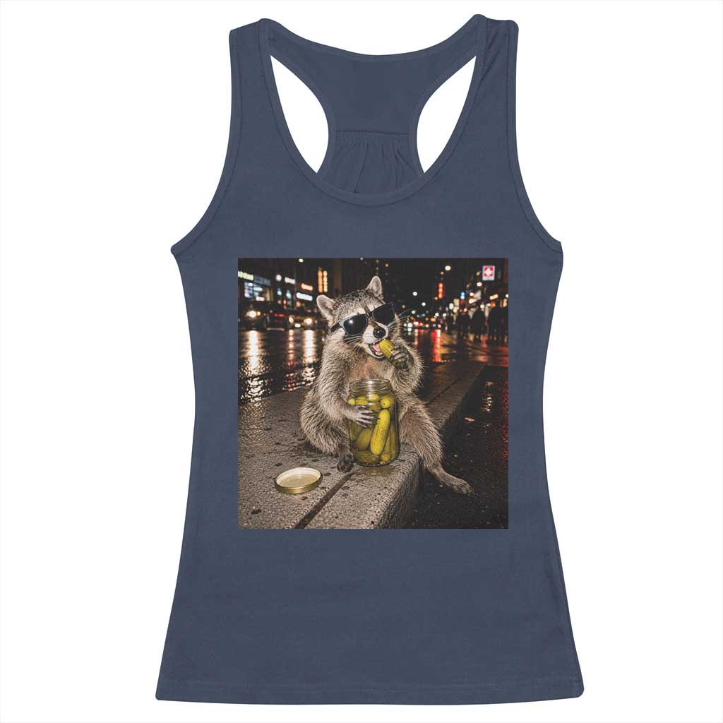 Funny Raccoon Eating Pickles Meme Racerback Tank Top