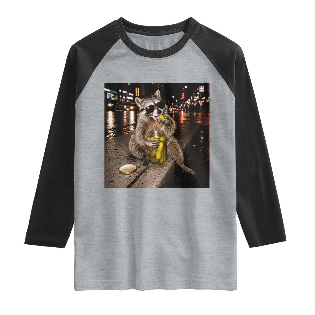 Funny Raccoon Eating Pickles Meme Raglan Shirt