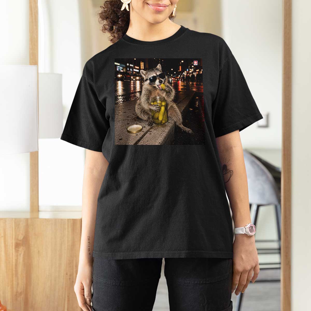 Funny Raccoon Eating Pickles Meme T Shirt For Women