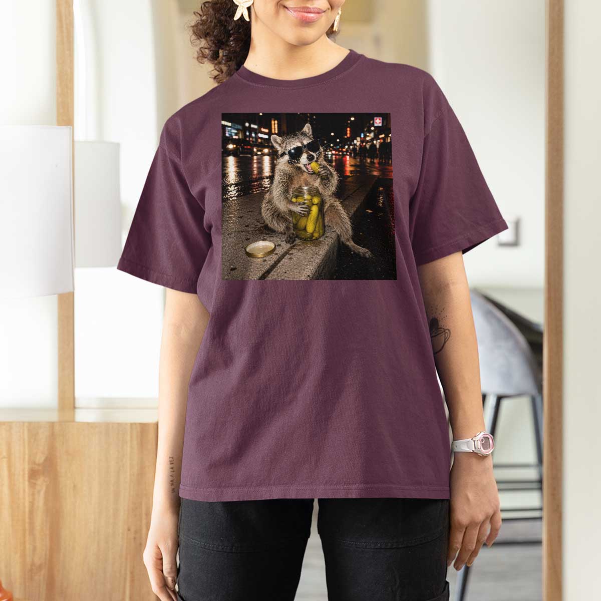 Funny Raccoon Eating Pickles Meme T Shirt For Women