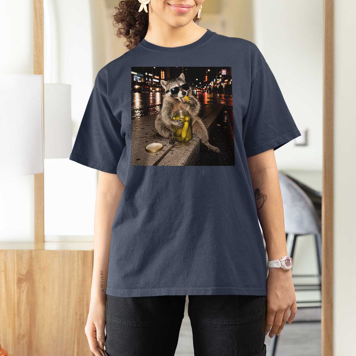 Funny Raccoon Eating Pickles Meme T Shirt For Women