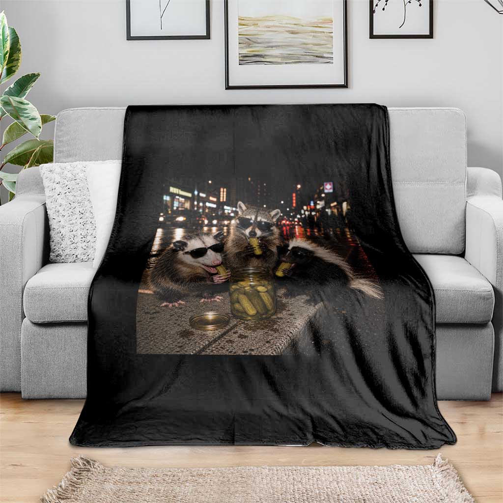 Funny Raccoon Skunk Possum Eating Pickles Throw Blanket Support Local Street Cats Retro Animal Meme