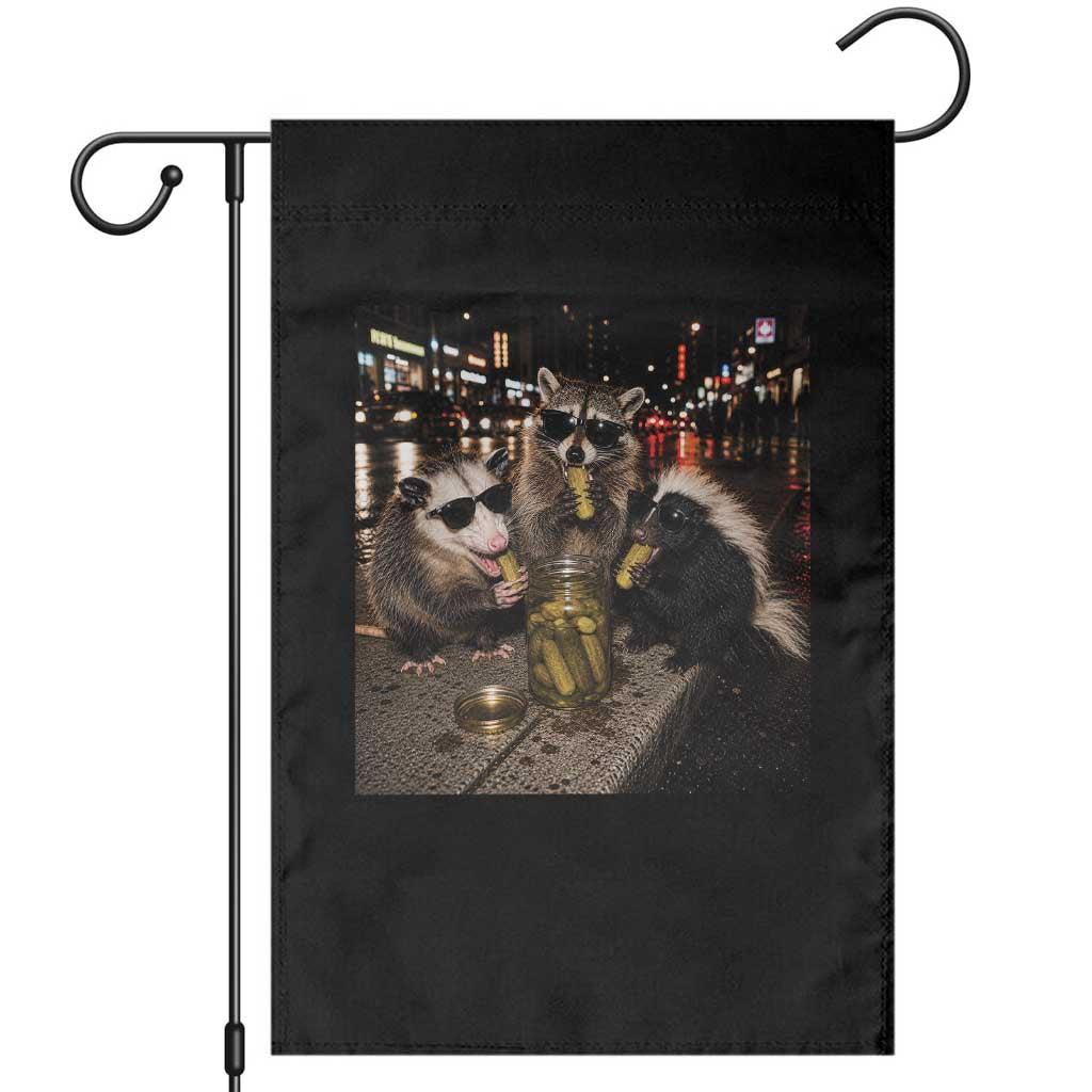Funny Raccoon Skunk Possum Eating Pickles Garden Flag Support Local Street Cats Retro Animal Meme