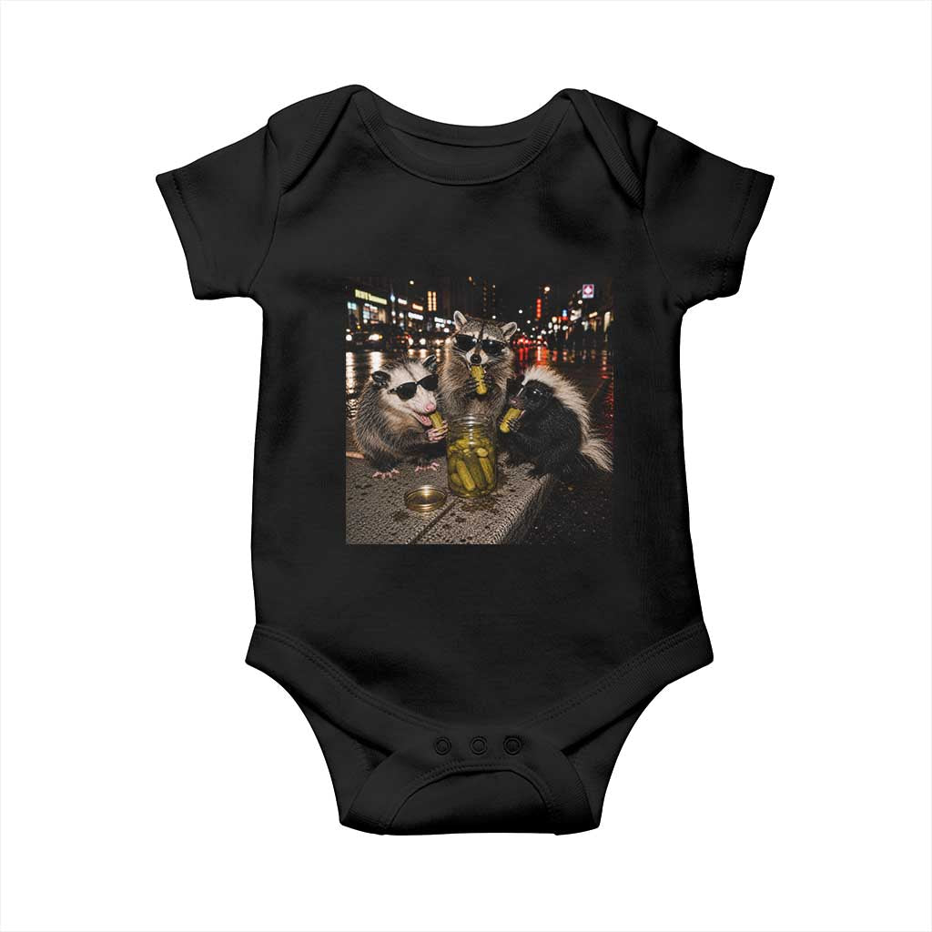 Funny Raccoon Skunk Possum Eating Pickles Baby Onesie Support Local Street Cats Retro Animal Meme