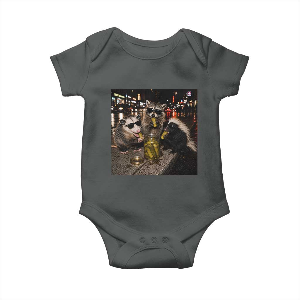Funny Raccoon Skunk Possum Eating Pickles Baby Onesie Support Local Street Cats Retro Animal Meme