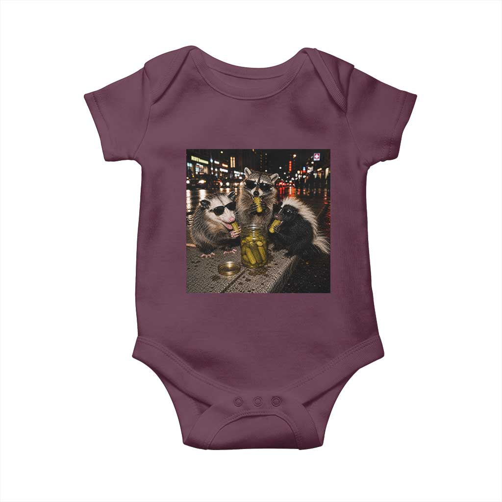 Funny Raccoon Skunk Possum Eating Pickles Baby Onesie Support Local Street Cats Retro Animal Meme