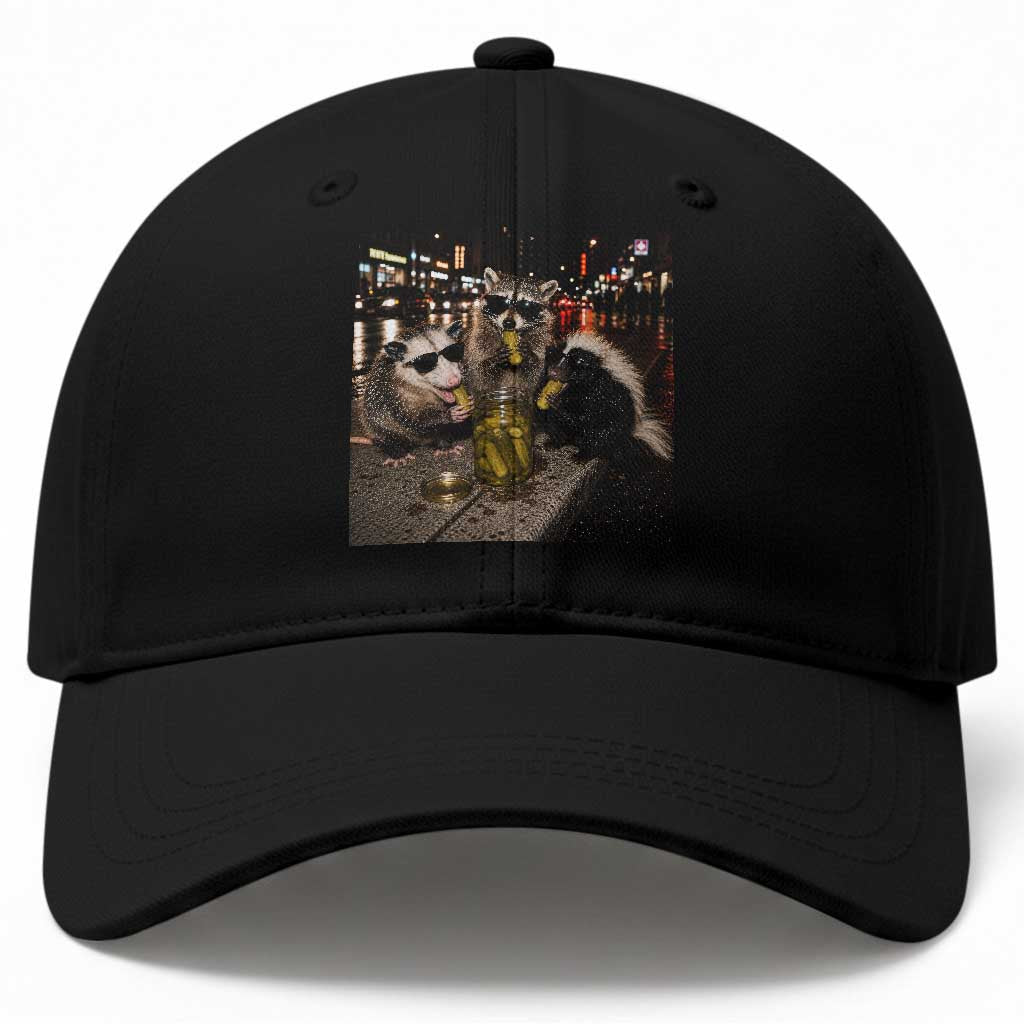 Funny Raccoon Skunk Possum Eating Pickles Baseball Cap Support Local Street Cats Retro Animal Meme
